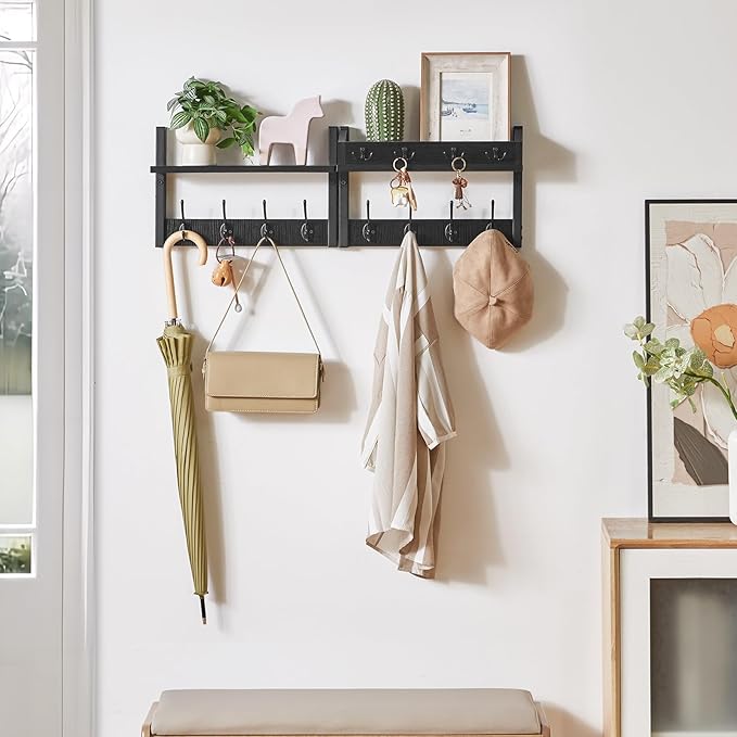 YMYNY 31.5" Coat Rack Wall Mount with Shelf, 4 in 1 Key and Coat Hanger with 12 Metal Hooks, Wall Shelf with Hooks & Mail Holder for Living Room, Bedroom, Black, HWS007B-2