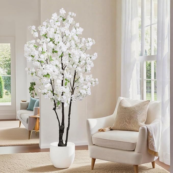 Large Artificial Cherry Blossoms Tree Indoor Faux Cherry Blossom Tree White 6FT Bedroom Trees for Home Decor