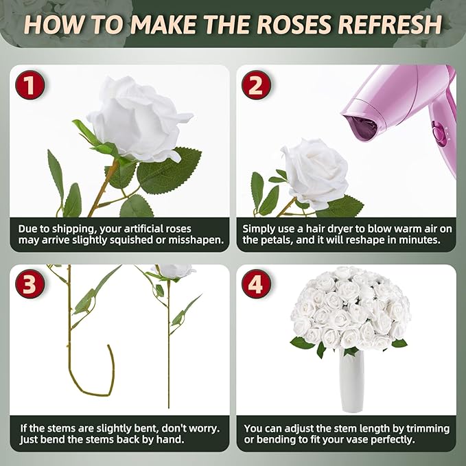 Roses Artificial Flowers 10 Pack in Bulk, White Fake Roses Flowers Realistic Roses for Wedding Home Party Decoration Event Gift