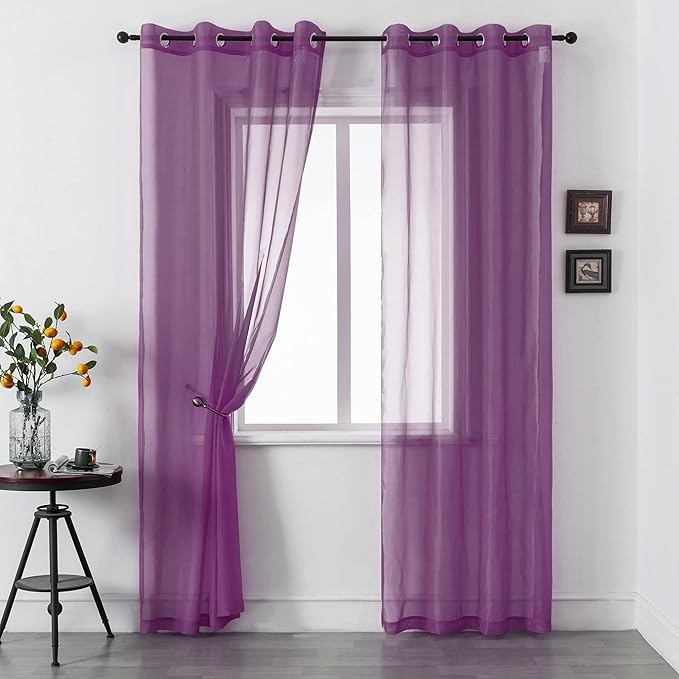 DUALIFE Purple Curtains 96 Inches Long for Living Room Set of 2 Panels Grommet Window Semi Voile Drapes Dark Purple Sheer Curtains for Kids Girls Bedroom Decor Royal Purple 52x96 Inch Length