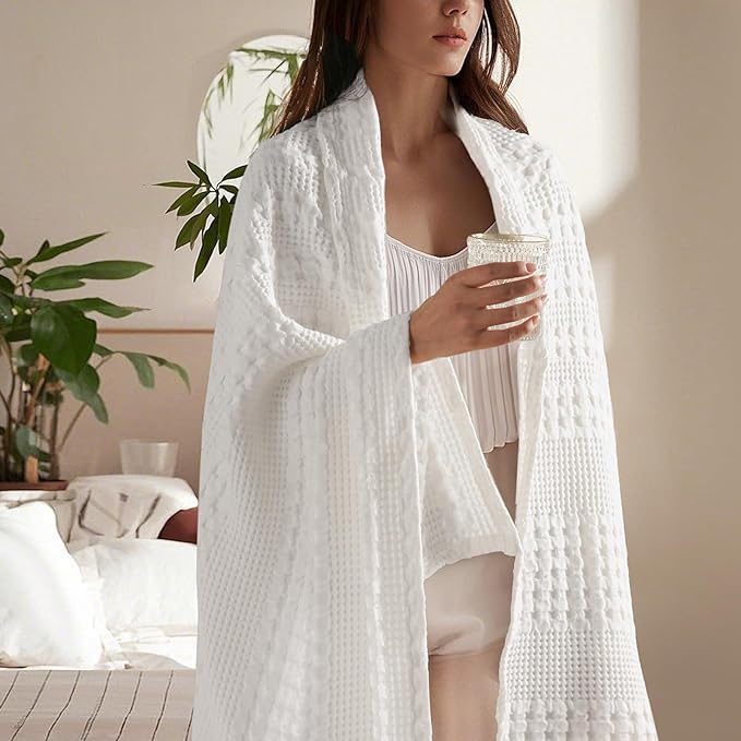 PHF 100% Cotton Waffle Weave Throw Blanket, Soft Lightweight Breathable Cozy Throws for Couch Bed Sofa, Luxury Aesthetic Woven Blanket for Home Decor & Office, 50"x60", White