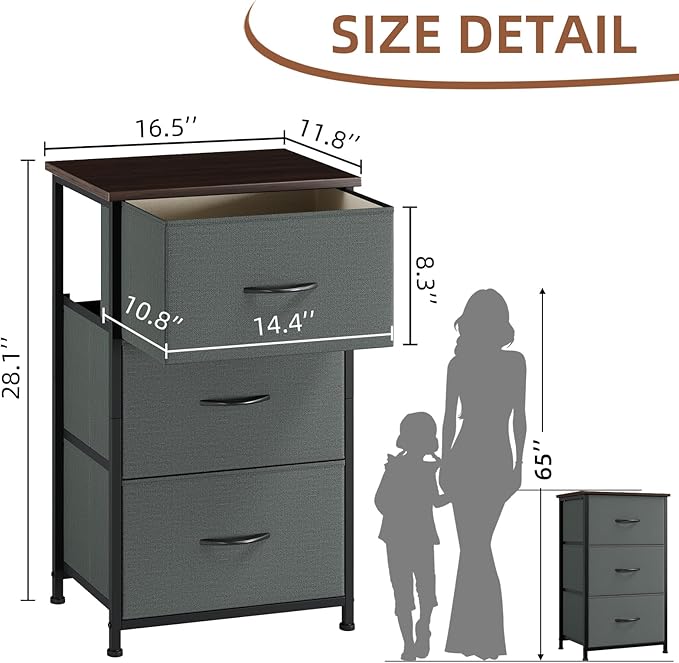 Somdot Dresser for Bedroom with 3 Drawers, Storage Organizer Chest of Drawers with Removable Fabric Bins for Closet Bedside Living Room Laundry Entryway Hallway, Charcoal Grey