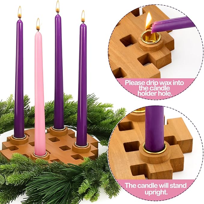 Mumufy 5 Pcs Advent Candle Holder Set Christmas Centerpiece Religious Decorations Snowflake Shape Wooden Advent Candlestick Holders with Purple Pink Taper Candles for Thanksgiving Christmas Nativity