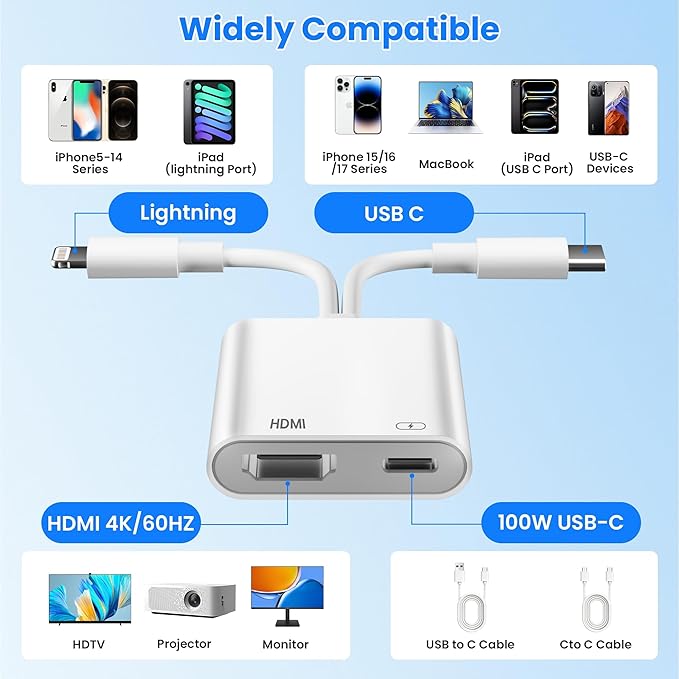 USB-C and Lightning to HDMI Adapter for iPhone to TV, 4K@60Hz MFi Certified Lightning to Digital AV Adapter with 100W Charging Port for iPhone 17 16 15 14/MacBook/iPad to HDTV/Projector/Monitor