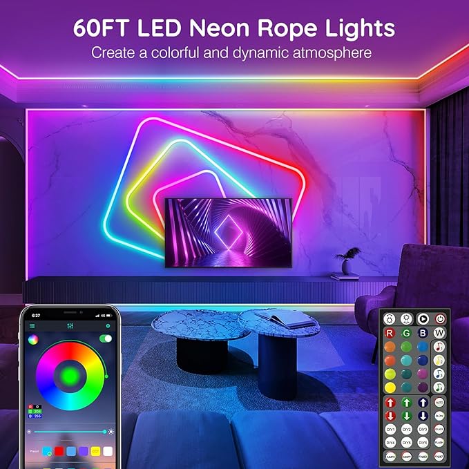 SINLEY Led Neon Rope Lights 60FT,Control with App/Remote,Flexible Led Rope Lights,Multiple Modes,IP68 Outdoor RGB Neon Lights Waterproof,Music Sync Gaming Led Strip Lights for Bedroom Indoor