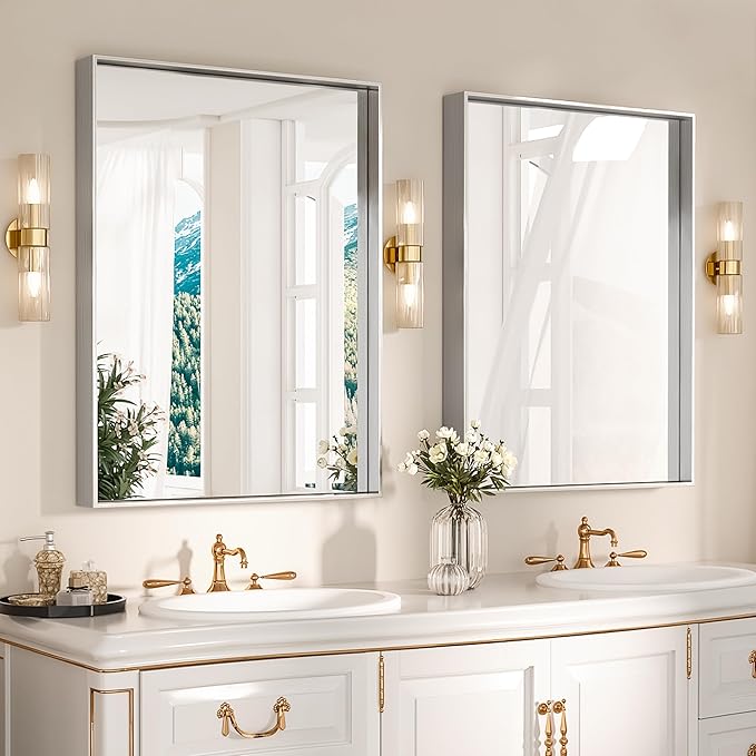 Suidia Bathroom Mirror, 24" x 36" Wall Mirror Metal Framed, Bathroom Vanity Mirror for Living Room Bedroom Bathroom Entryway, Silver, Rect Corner Style