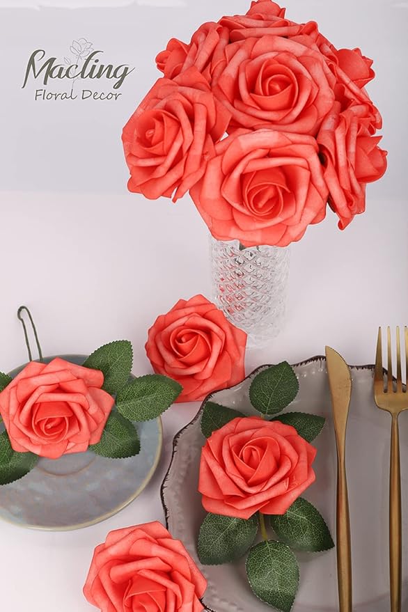MACTING 30PCS Artificial Rose Flowers Real Touch Coral Red Flowers with Stem Fake Roses for DIY Wedding Bouquet Table Centerpieces Party Holiday Baby Shower Home Spring Mothers Day Decorations