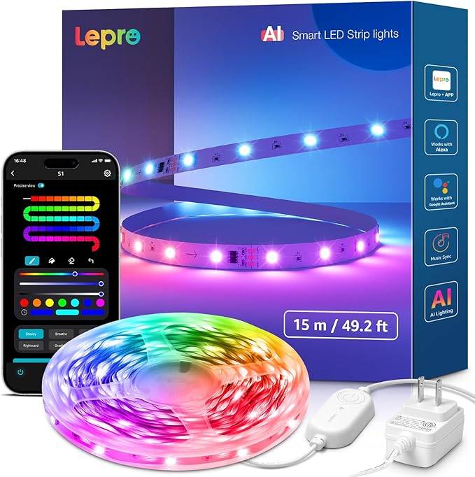 Lepro S1 AI LED Strip Lights for Bedroom - 50ft Smart RGB Light Strips with IC and Rainbow Chasing Effects, Color Segment DIY, Personalized Al Lighting Designer, No Remote, 2.4G Wi-Fi & Bluetooth