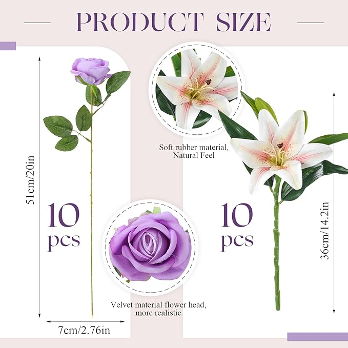 Hotop 20 Pcs Artificial Flowers Velvet Realistic Roses and Latex Lilies Flowers Bouquet Decorations Arrangements for Home Table Centerpieces Independence Day(Purple, White)