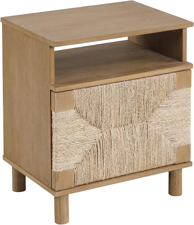 Nathan James Beacon Wood Nightstand, Bohemian Accent Table or Sofa Side Table with Seagrass Door for Bedroom or Living Room, Light Brown