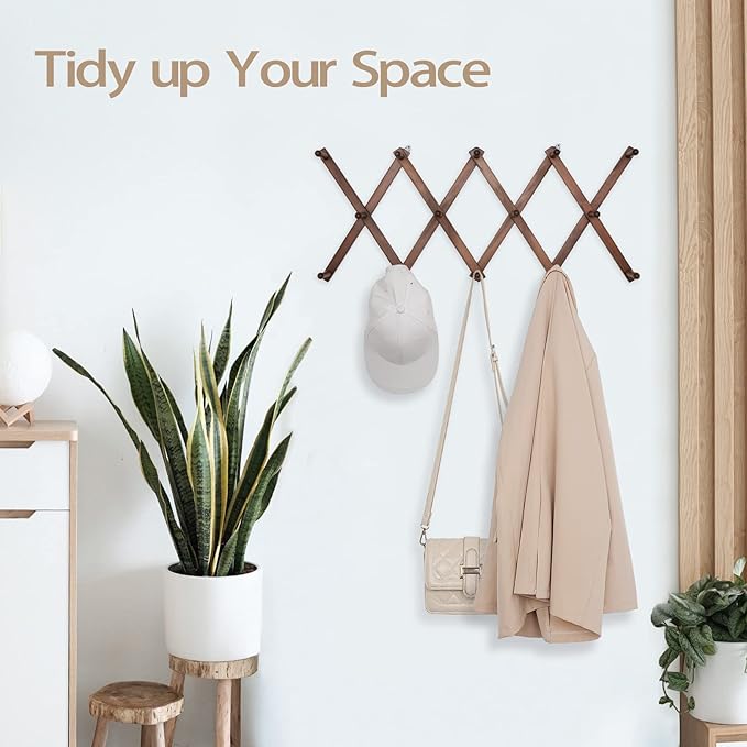 16 inch High Accordion Wall Hanger with 14 Hooks, Wooden Wall Expandable Coat Rack for Coat, Hats, Baseball Caps, Coffee Mug, Jewelry