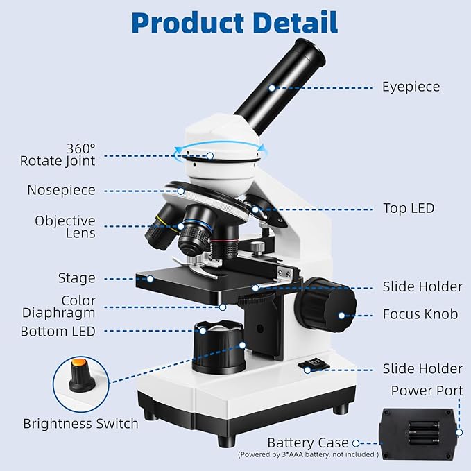Microscope for Adults Kids,40X-2000X Monocular Microscope Kit for Home School Lab, 2 LED Lights & 5 Colors Kids Microscope with Phone Holder,10 Specimen Slides,20 Slides,100 Coverslips, Bag