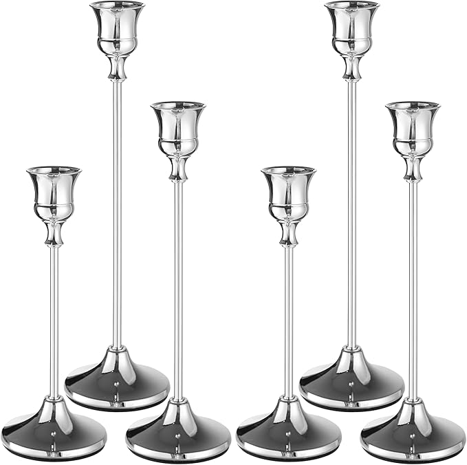 Candlestick Holders Taper Candle Holders, Set of 6 Silver Candle Holder Set, Vintage Table Centerpiece for Wedding Christmas Holiday
