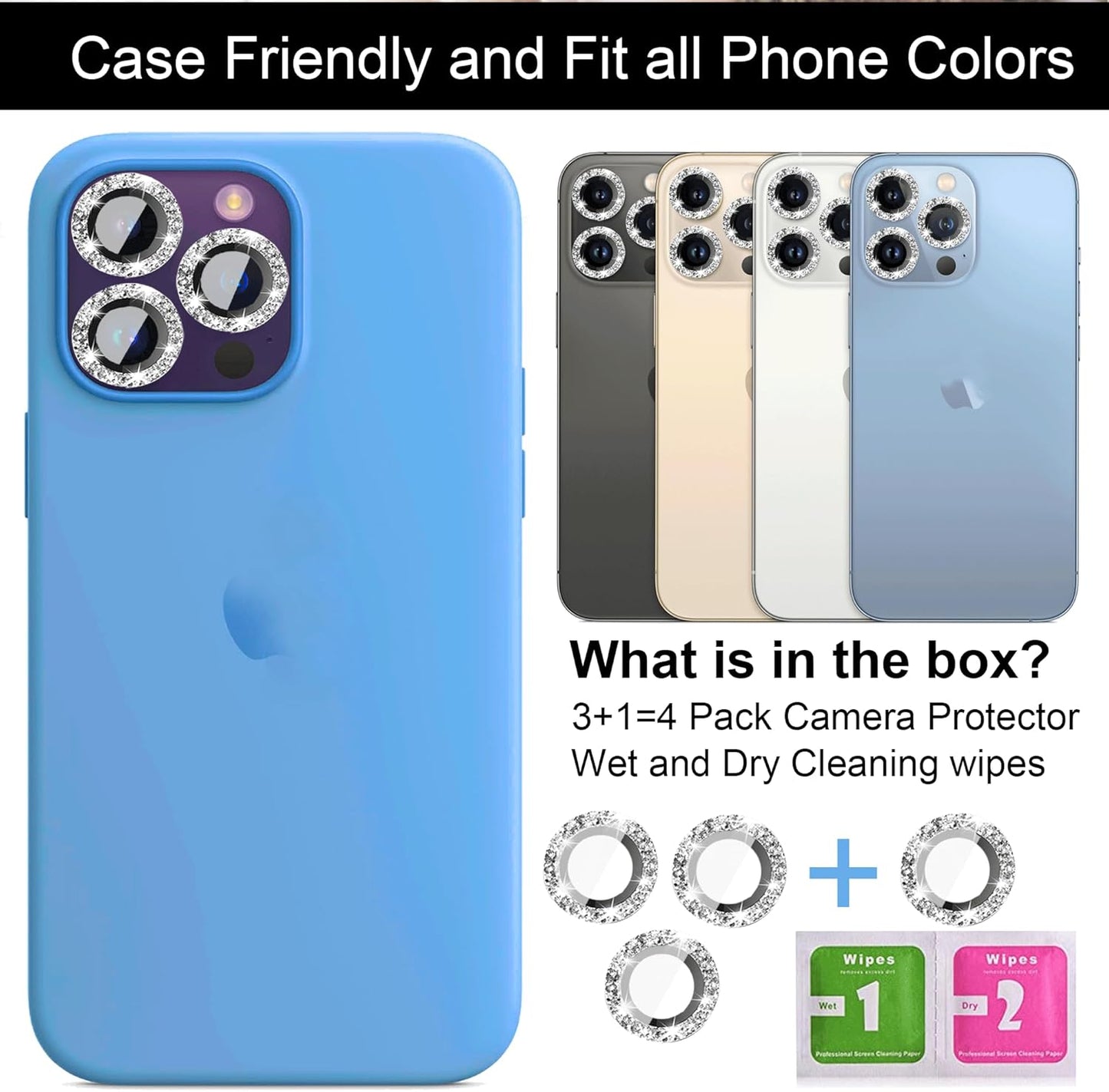 iPhone 11 Series Camera Lens Protector - 3+1 Glitter Bling, Tempered Glass, Case Friendly, Silver Ring Accessories.