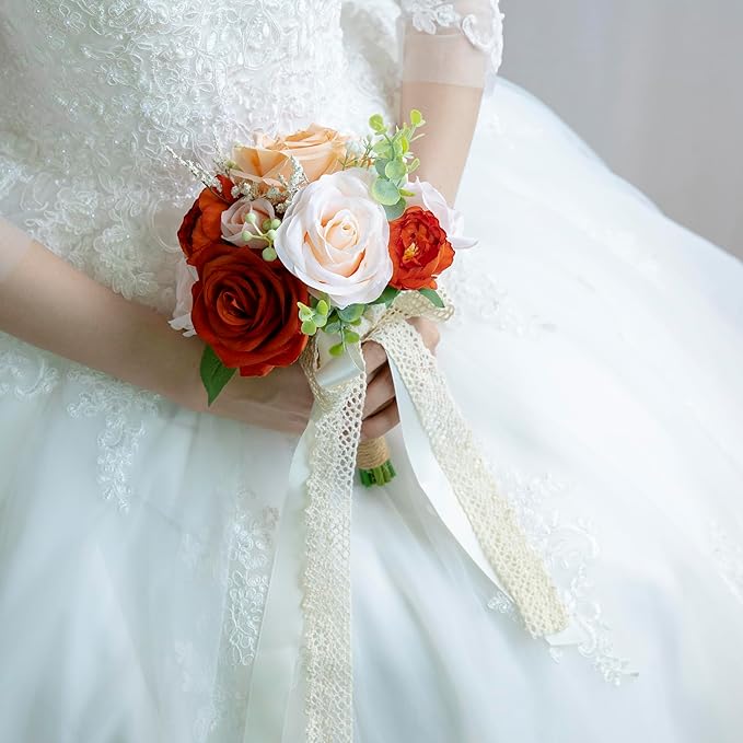 Wedding Bouquets for Bride Bridesmaid, Artificial Burnt Orange Bride Flower Bouquet for Wedding Church Decoration Ceremony, Anniversary, etc, Roses Flowers
