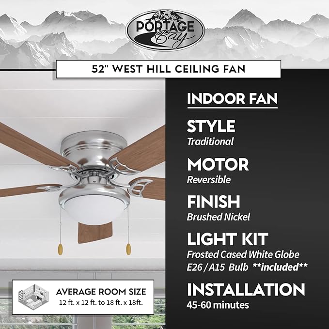Portage Bay 50252 Hugger 52" Brushed Nickel West Hill Ceiling Fan with Bowl Light Kit