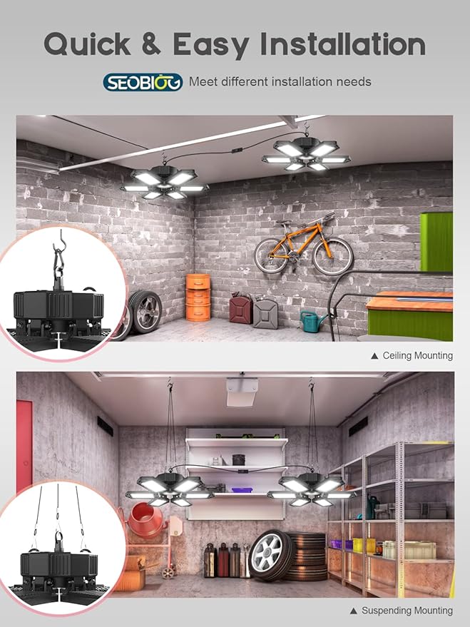 SEOBIOG LED Garage Lights - 6 Pack, 200W 20000LM Plug-in Shop Light with 6+1 Deformable Panels for Garage, Warehouse, Barn, Basement (Built-in ON/Off Switch)