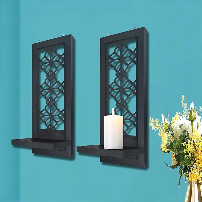 Set of 2 Candle Sconces, Farmhouse Accent Wall Sconce, Black Candle Holder Wall Decorations for Home Décor, Living Room, Dining Room.(15 x6 in)