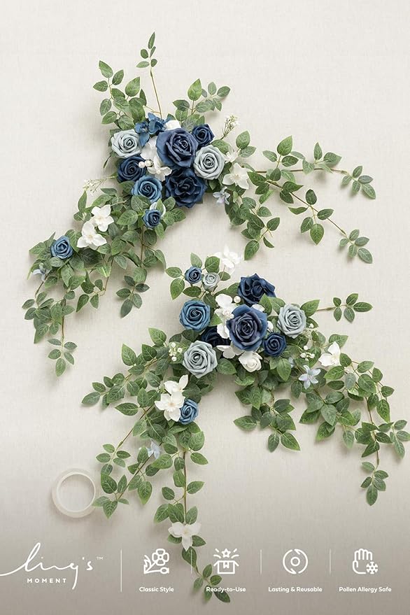 Ling's moment 2PCS Dusty Blue Artificial Floral Swags Centerpieces Wedding Flower Rose Garland Greenery Arrangements for Sweetheart Table Decor Backdrop Arch Flowers Wall Home Garden Decorations
