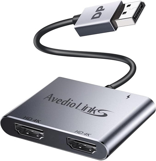 DisplayPort to Dual HDMI Adapter, 4K 60Hz DP Source to HDMI Splitter Multi-Monitor, Extended Mode Display Adapter for Windows MST Dual Monitors Compatible with Computer Laptop Graphic Card,PC (Grey)
