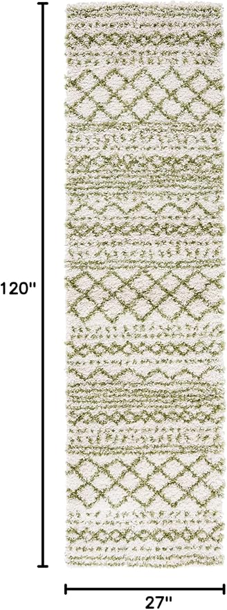 SAFAVIEH Arizona Shag Collection Runner Rug - 2'3" x 10', Ivory & Green, Moroccan Design, Non-Shedding & Easy Care, 1.6-inch Thick, Ideal for The Living Room, Bedroom, Dining Room (ASG741Y-210)