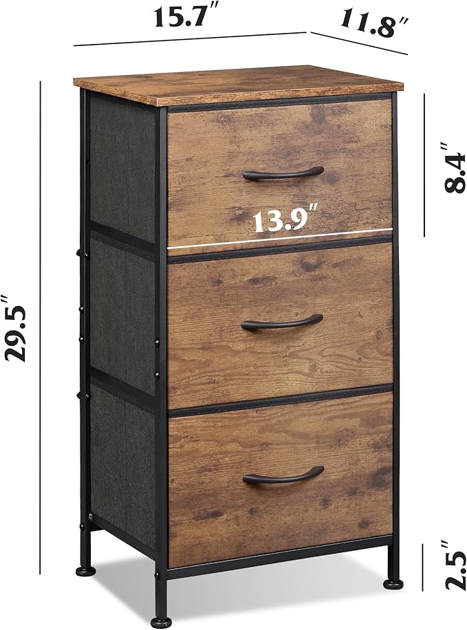 WLIVE Dresser with 3 Drawers, Fabric Nightstand, Organizer Storage Dresser for Bedroom, Hallway, Entryway, Closets, Sturdy Steel Frame, Wood Top, Easy Pull Handle, Rustic Brown Wood Grain Print