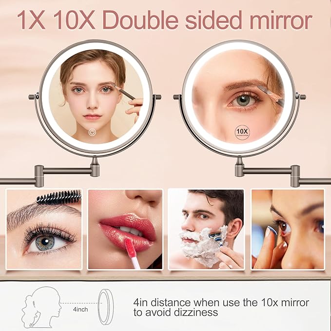 FASCINATE Rechargeable Wall Mounted Lighted Vanity Mirror 8 Inch 1X/10X Magnifying Makeup Mirror with 3 Color Lights, Double Sided Dimmable, 360 Degree Screen Touch,Bathroom Shaving Mirror (GunBlack)
