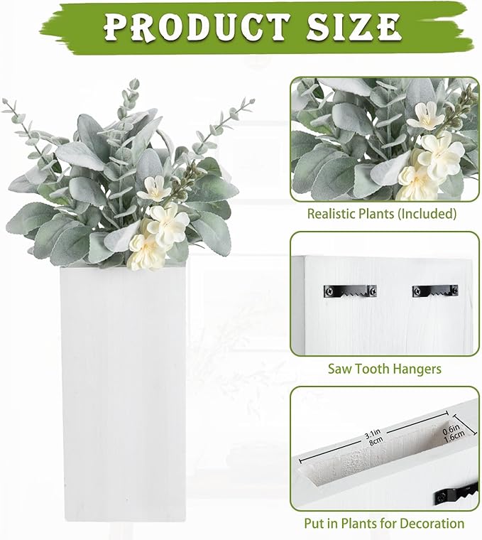 Wood Wall Planters 2 Pack with Artificial Greenery Plants - Pocket Wall Vases for Dried Flowers - Wood Wall Decor Hanging Planters for Living Room, Bedroom, Home Decor - White
