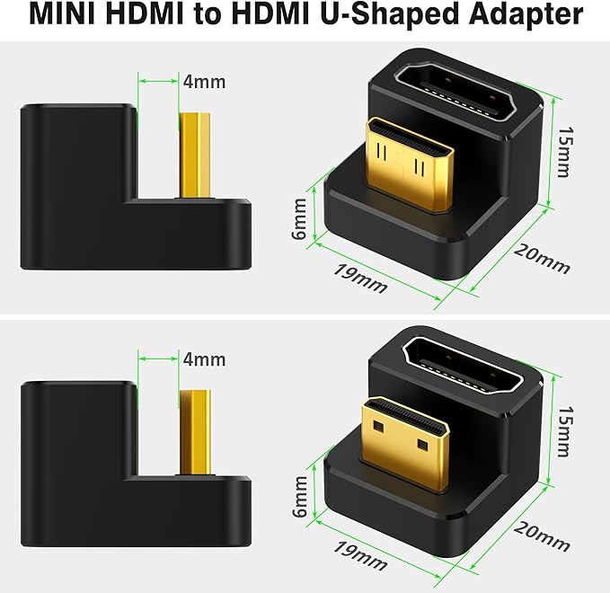 AGVEE 180 Degree Angled USB-C to USB-C Adapter and 2 Direction U-Shaped Mini HDMI to HDMI Converters, HDMI 2.0 4k@60HZ, Coupler Extender Extension for Portable Display Monitor, Black