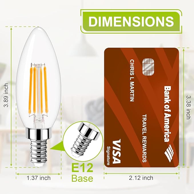 GOLSPARK E12 LED Bulb Dimmable, Candelabra LED Bulb 40W Equivalent, 3000K Warm White, B11 B10 Type B LED Light Bulbs 4W, 400LM, CRI 85+, Clear Filament Candle Light Bulbs Small Base, 6 Pack