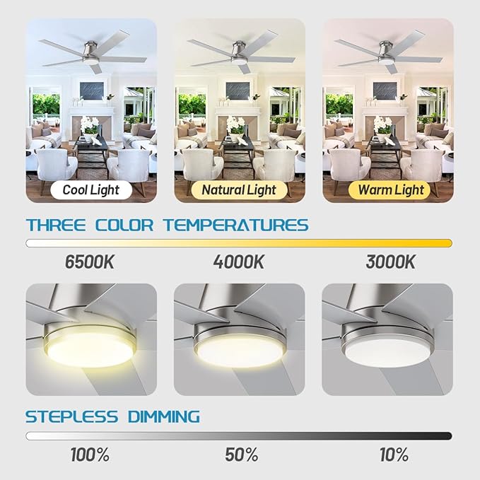 wurzee 60 inch Flush Mount Ceiling Fan Brushed Nickel ceiling fans with lights 6 Speeds DC Reversible Motor, Timing, Dimmable, 5 Blades for Bedroom,Living Room Dining Room Patio