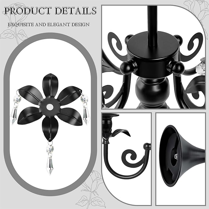 20''Tall Black Crystal Pendant Taper Candle Holders/Stylish Candle Stands/Candlesticks Holder/Candelabra for Home Decor, Weddings/Parties/Elegant Dining Table Centerpiece (1, Black, 5 Arm)