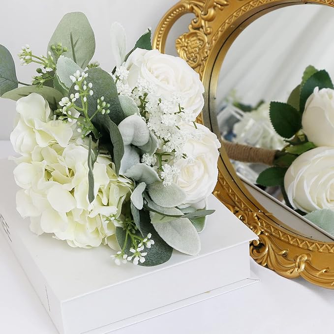 Bridesmaid Bouquets - Set of 4 Ivory White Artificial Flowers Bouquet Wedding Rustic Small Floral Centerpieces for Marriage Proposal Party Anniversary Dining Table Decorations
