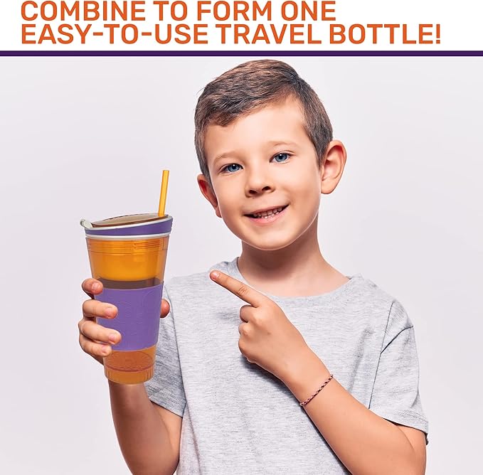 2 in 1 Snack Drink Cup Kids Spill Proof Tumbler Plastic Straw Lid Locks 16 Oz