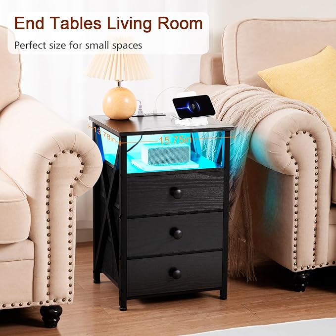 AMHANCIBLE LED Nightstand with Charging Station, Smart End Side Table with USB Port & Power Outlet, Bedside Table with Fabric Drawers for Bedroom, Living Room, Black, HET053LBK1