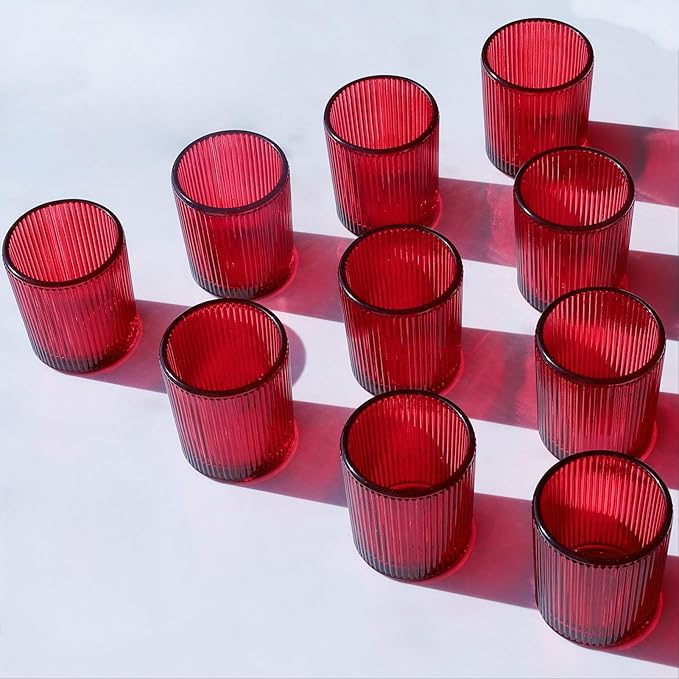 VOHO Red Candle Holders Set of 12, Ribbed Glass Votive Candle Holders Bulk for Holiday/Party Decorations, Tea Lights Candle Holder Wedding Centerpieces for Tables