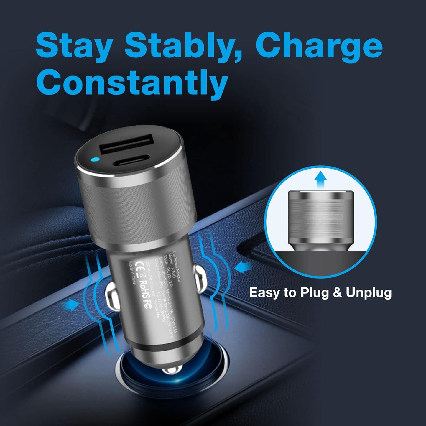 MOCA 38W Fast Car Charger for iPhone, Dual Port USB C Power Delivery with 2Pack PD Lightning Cord Quick Charging