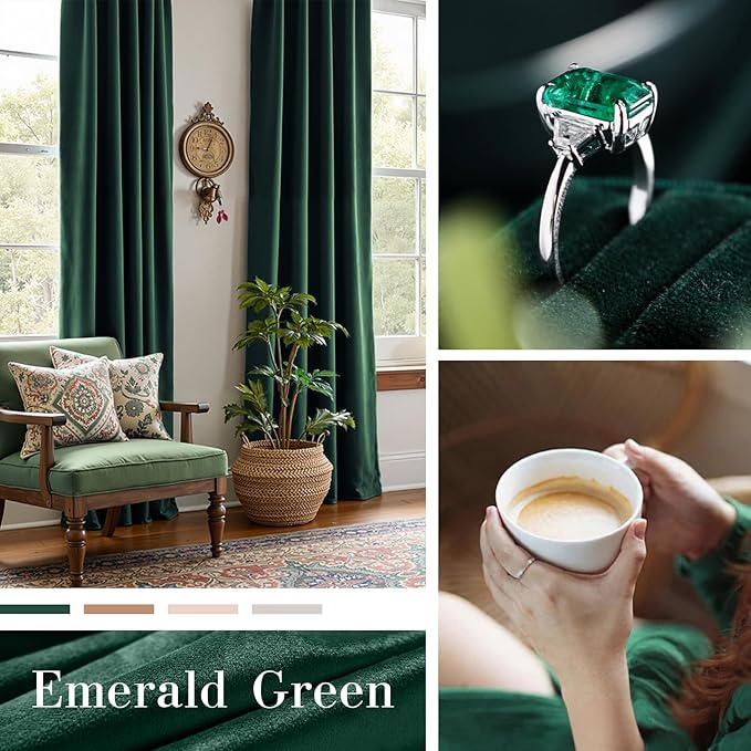 Lazzzy Velvet Blackout Curtains Thermal Insulated Room Window Drapes Super Soft Luxury Curtains for Living Room Bedroom Rod Pocket 2 Panels, Emerald Green, 62" W x 96" L