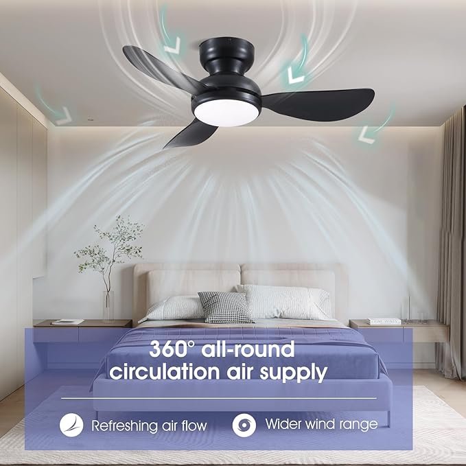 36 Inch Modern Ceiling Fans with Lights, Small Flush Mount Ceiling Fan with Light and Remote/APP Control, 3 Reversible 6 Speeds Curved Blades, 3 CCT Dimmable Lights for Bedroom, Black