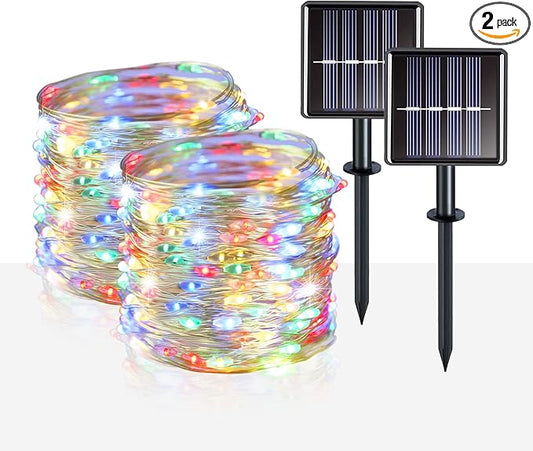 suddus 2 Pack 33ft Solar Fairy String Lights Small, 100 Led Multicolor Solar Fairy Lights Outdoor, Solar Christmas Lights Copper Wire for Trees Garden Patio