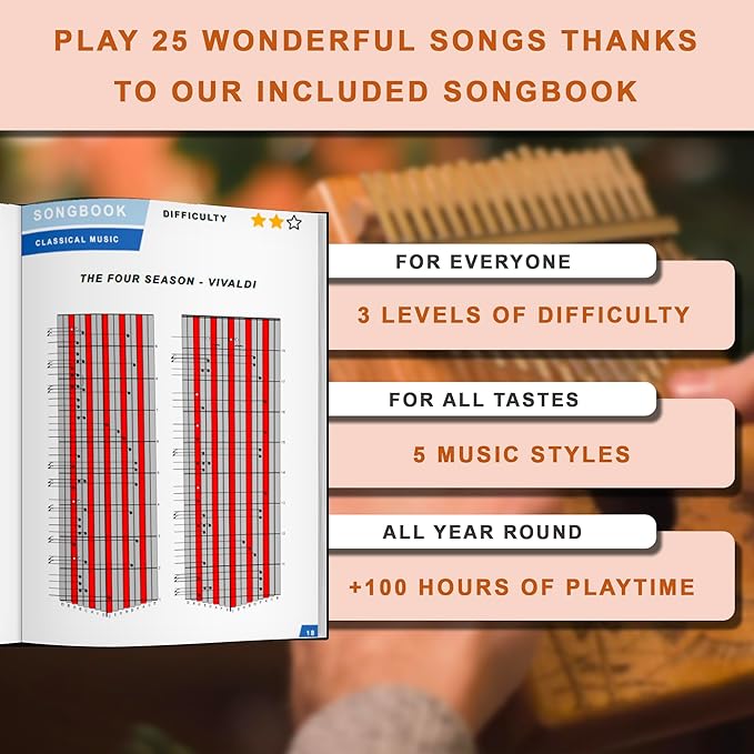 Orora Kalimba 17 Keys Thumb Piano - Songbook included with 25 Songs - Varnished Wood Musical Instrument - Finger Piano with Protection Case, Stand, Accessories - Unique Gift