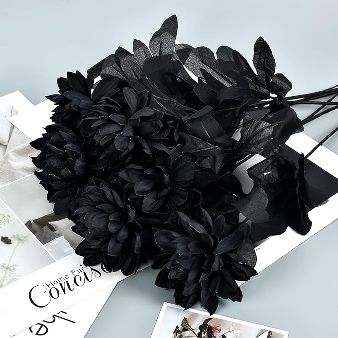 Artflower 10 Pack Artificial Silk Dahlia Bouquet with Long Stem, 16” Black Fake Flower Floral Arrangements Wedding Bridal Bouquet for Halloween Harvest Festival Table Centerpieces Home Decor