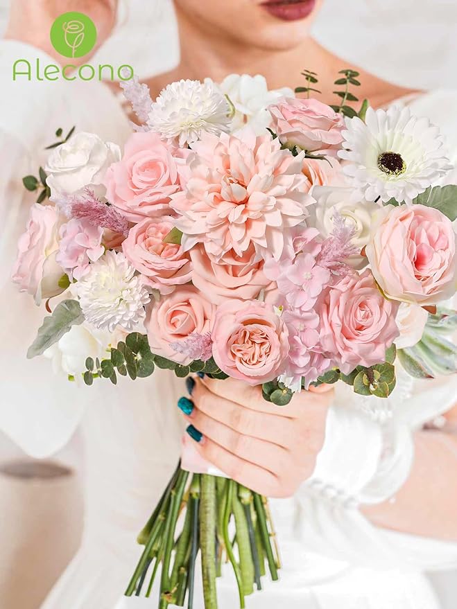 Alecono Artificial Flowers, Pink Fake Flowers Combo Box with Stems for DIY Wedding Bridal Bouquets, Cake Party Table Centerpieces Home Decor