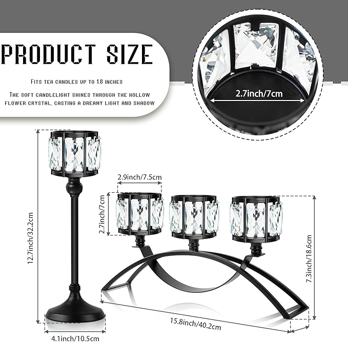 Black Set of 3 Crystal Candle Holders Arched - Elegant Tabletop Candelabra Centerpiece for Weddings, Dining Room Decor, Modern Home & Cabinet Display Housewarming