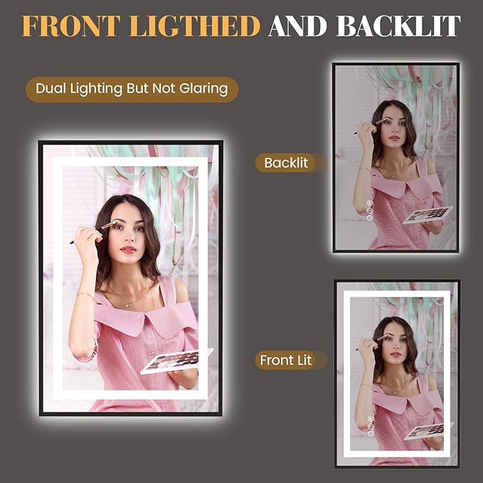 LED Bathroom Mirror,24"x36" Mirror with Black Frame, Front Light and Backlit, Stepless Dimmable, Anti-Fog, Shatter-Proof, Memory, 3 Colors, Double LED Vanity Mirror