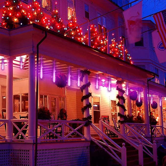 Kwaiffeo Purple Christmas Lights Outdoor, 16 Tubes Meteor Shower Light (Equivalent to 2 Sets of 8-Tube) for Halloween Christmas Decorations Yard Outside, UL Plug