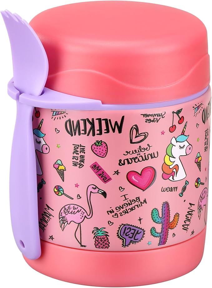 10oz Soup Thermo for Hot Food Kids,Lunch Thermo Kids Food Jar with Spoon Hot Insulated Food Containers,Leak Proof Stainless Steel Wide Mouth Lunch Food Thermo Jar for School(Pink-Flamingo)