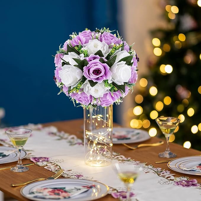 BLOSMON Purple Flowers Ball for Centerpieces: 6 Pcs Fake Lilac White Roses Flowers for Wedding Dinning Table - Faux Silk Kissing Bouquet with Base Floral Arrangement for Home Party Event Decor
