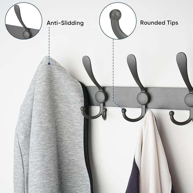 TICONN Wall Mounted Coat Rack, Five Heavy Duty Tri Hooks All Metal Construction for Jacket Coat Hat in Mudroom Entryway (Space Gray, 2-Pack)