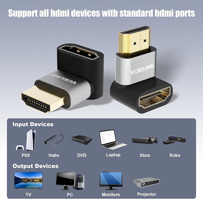 VCELINK 4-Pack HDMI Right Angle Adapter, 8K@60Hz, 90 & 270 Degree, Up & Down, HDMI 2.1, 4K@120Hz, HDR, eARC for HDTV, Laptop, PS4, PS5, Xbox, Fire Stick